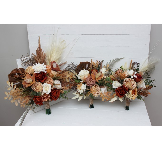 Wedding bouquets in orange ivory rust terracotta colors. Bridal bouquet. Faux bouquet. Bridesmaid bouquet. 0036