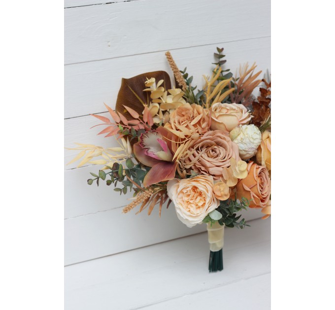 Wedding bouquets in orange yellow terracotta colors. Bridal bouquet. Faux bouquet. Bridesmaid bouquet. 5083