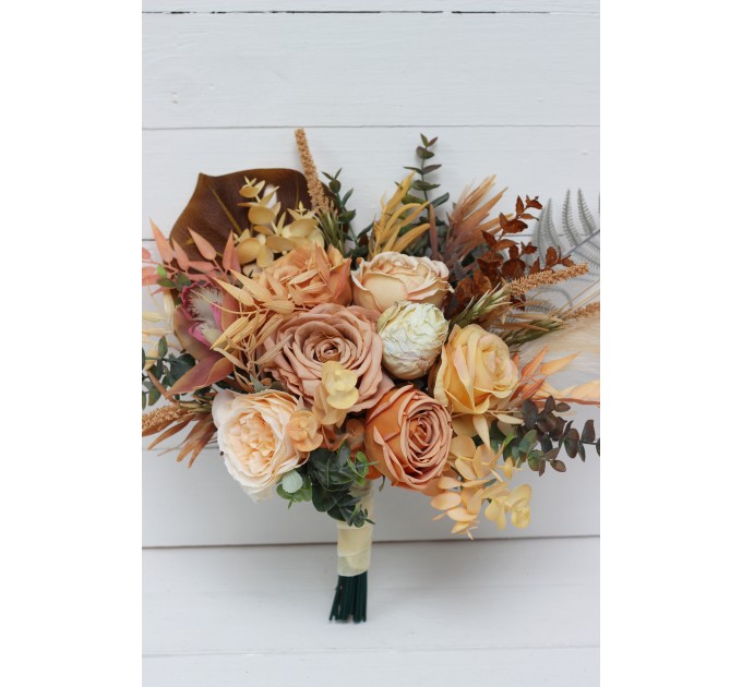 Wedding bouquets in orange yellow terracotta colors. Bridal bouquet. Faux bouquet. Bridesmaid bouquet. 5083