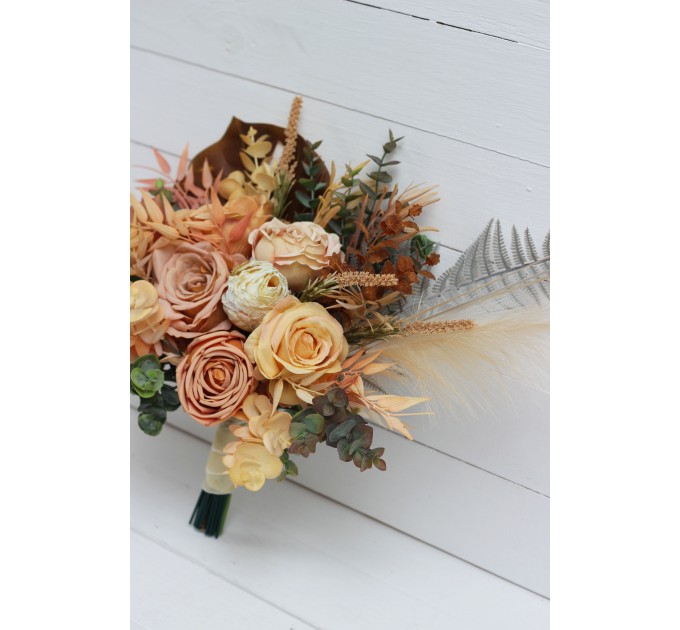 Wedding bouquets in orange yellow terracotta colors. Bridal bouquet. Faux bouquet. Bridesmaid bouquet. 5083