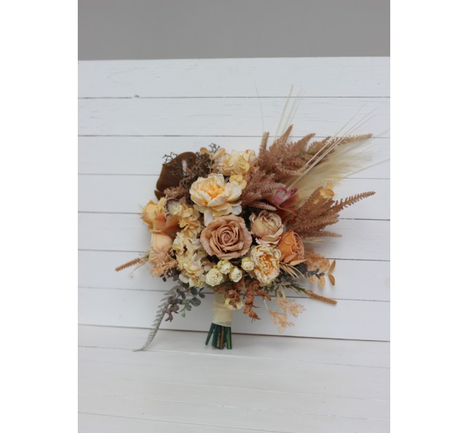 Wedding bouquets in orange yellow terracotta colors. Bridal bouquet. Faux bouquet. Bridesmaid bouquet. 5083