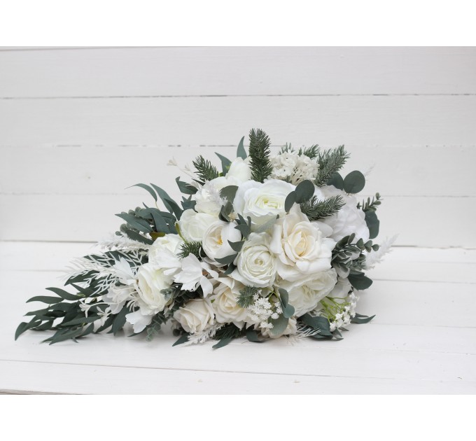 Wedding bouquets in white colors. Bridal bouquet. Cascading bouquet. Faux bouquet. Bridesmaid bouquet.White rose peony bouquets. 5087