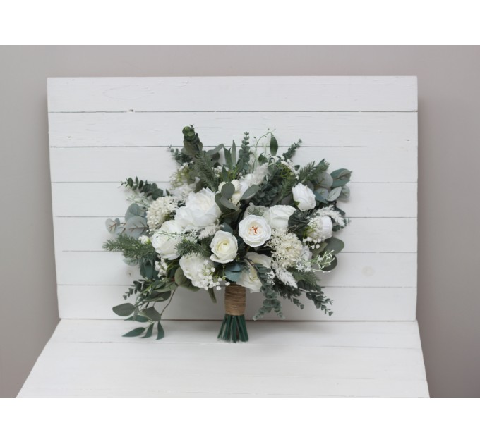 Wedding bouquets in white colors. Bridal bouquet. Cascading bouquet. Faux bouquet. Bridesmaid bouquet.White rose peony bouquets. 5087