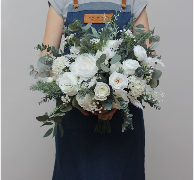 Wedding bouquets in white colors. Bridal bouquet. Cascading bouquet. Faux bouquet. Bridesmaid bouquet.White rose peony bouquets. 5087