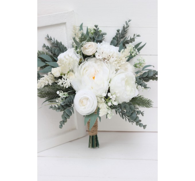 Wedding bouquets in white colors. Bridal bouquet. Cascading bouquet. Faux bouquet. Bridesmaid bouquet.White rose peony bouquets. 5087