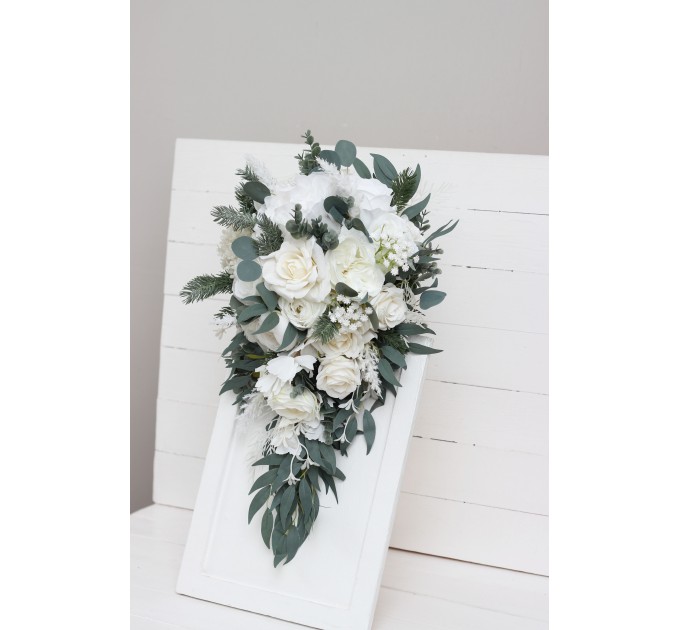 Wedding bouquets in white colors. Bridal bouquet. Cascading bouquet. Faux bouquet. Bridesmaid bouquet.White rose peony bouquets. 5087