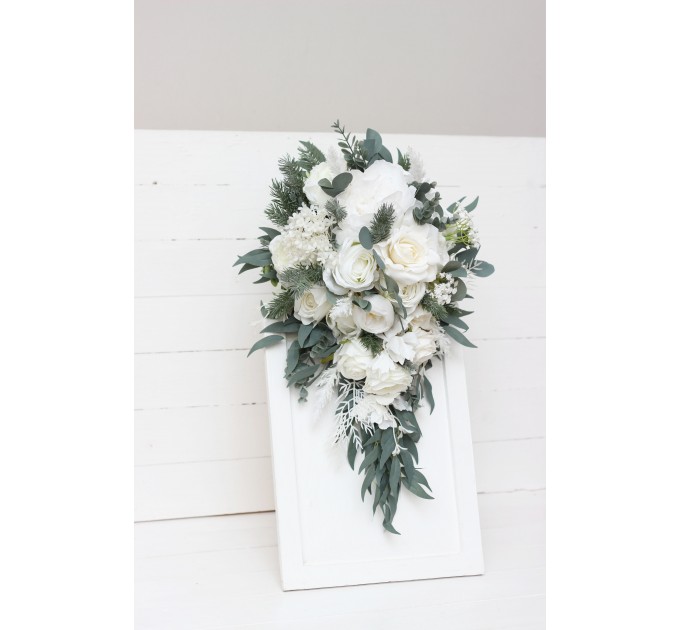 Wedding bouquets in white colors. Bridal bouquet. Cascading bouquet. Faux bouquet. Bridesmaid bouquet.White rose peony bouquets. 5087