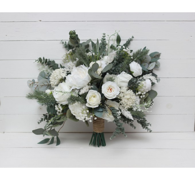 Wedding bouquets in white colors. Bridal bouquet. Cascading bouquet. Faux bouquet. Bridesmaid bouquet.White rose peony bouquets. 5087