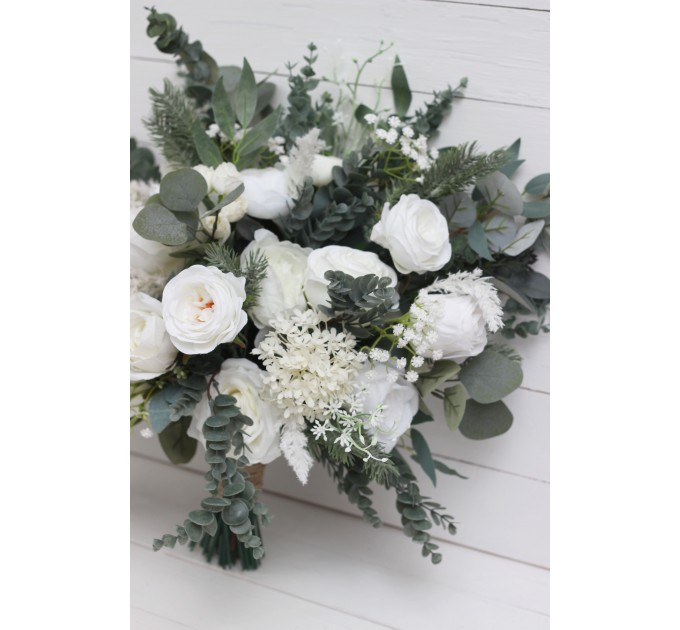 Wedding bouquets in white colors. Bridal bouquet. Cascading bouquet. Faux bouquet. Bridesmaid bouquet.White rose peony bouquets. 5087