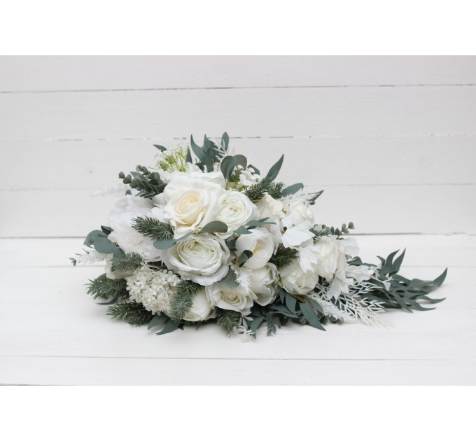 Wedding bouquets in white colors. Bridal bouquet. Cascading bouquet. Faux bouquet. Bridesmaid bouquet.White rose peony bouquets. 5087