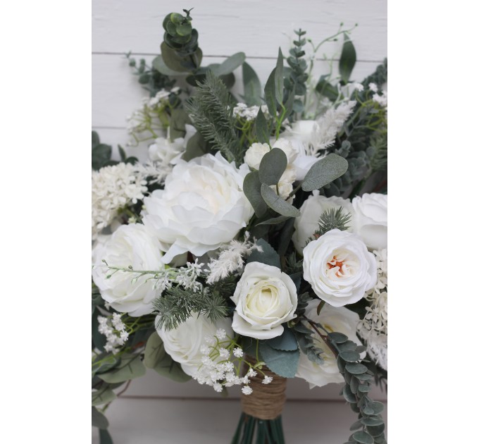 Wedding bouquets in white colors. Bridal bouquet. Cascading bouquet. Faux bouquet. Bridesmaid bouquet.White rose peony bouquets. 5087