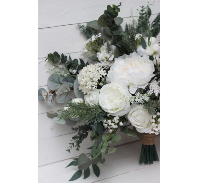 Wedding bouquets in white colors. Bridal bouquet. Cascading bouquet. Faux bouquet. Bridesmaid bouquet.White rose peony bouquets. 5087