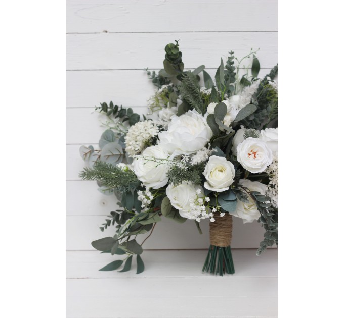 Wedding bouquets in white colors. Bridal bouquet. Cascading bouquet. Faux bouquet. Bridesmaid bouquet.White rose peony bouquets. 5087