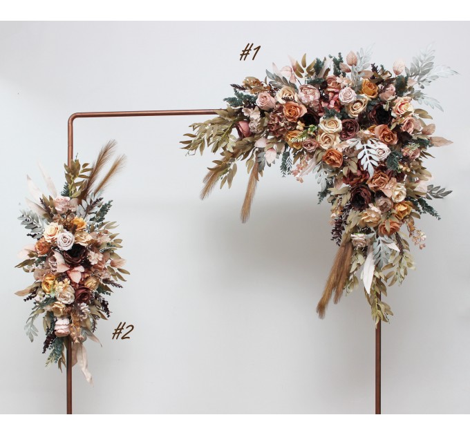 Flower arch arrangement in cinnamon ivory pale orange colors. Arbor flowers. Floral archway. Faux flowers for wedding arch. 5093