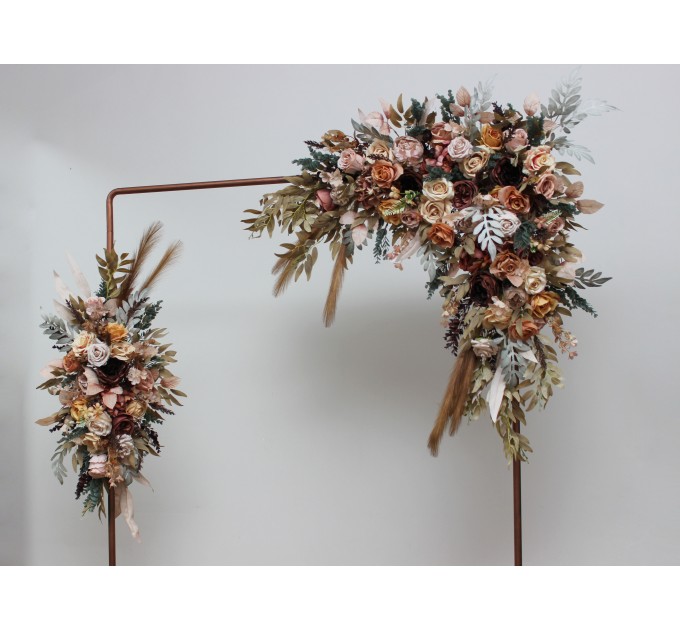 Flower arch arrangement in cinnamon ivory pale orange colors. Arbor flowers. Floral archway. Faux flowers for wedding arch. 5093
