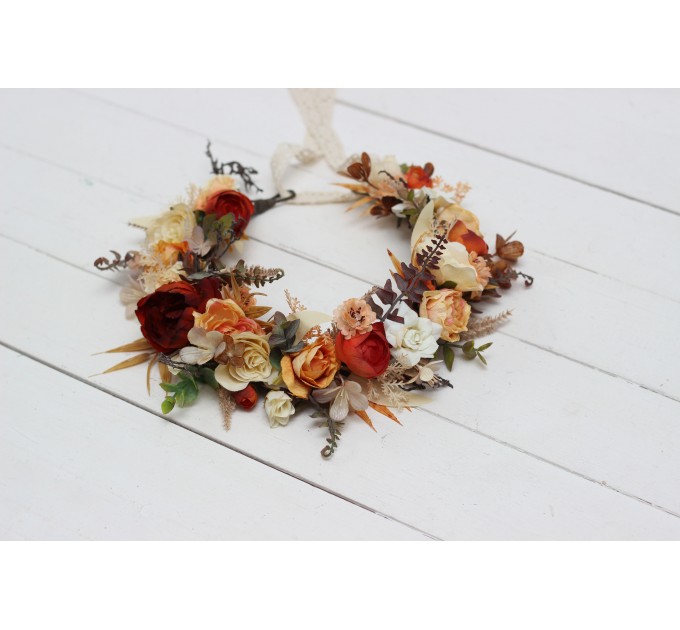 Orange ivory rust terracotta flower crown. Hair wreath. Flower girl crown. Wedding flowers. 0036