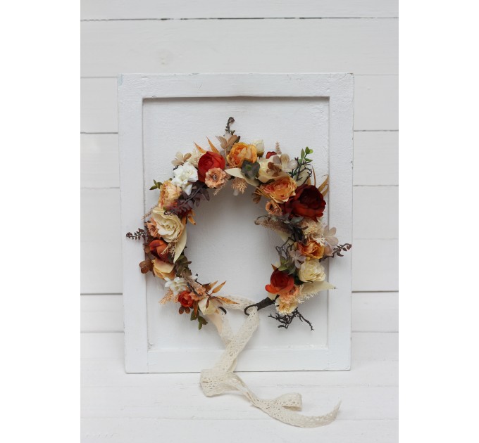 Orange ivory rust terracotta flower crown. Hair wreath. Flower girl crown. Wedding flowers. 0036