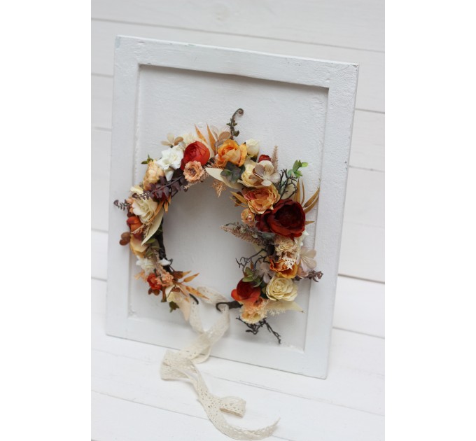 Orange ivory rust terracotta flower crown. Hair wreath. Flower girl crown. Wedding flowers. 0036
