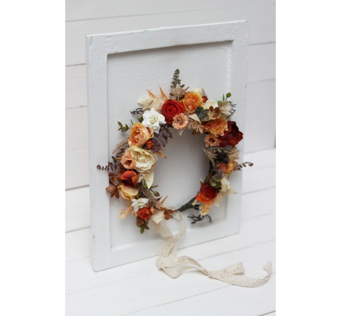 Orange ivory rust terracotta flower crown. Hair wreath. Flower girl crown. Wedding flowers. 0036