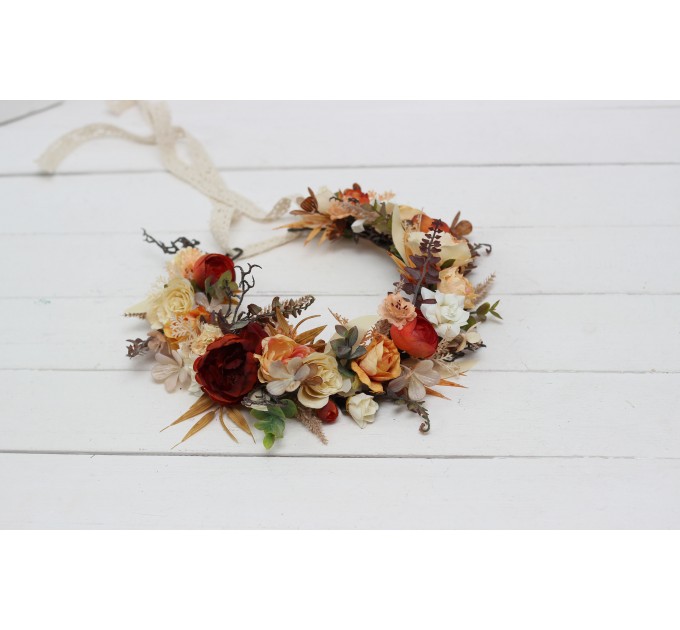 Orange ivory rust terracotta flower crown. Hair wreath. Flower girl crown. Wedding flowers. 0036