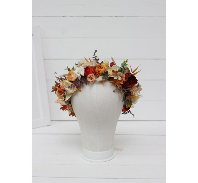 Orange ivory rust terracotta flower crown. Hair wreath. Flower girl crown. Wedding flowers. 0036