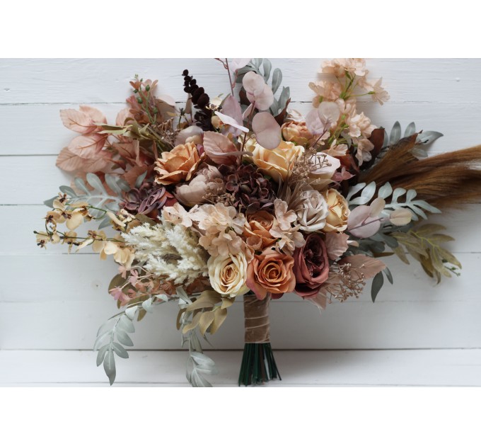 Wedding bouquets in cinnamon ivory pale orange colors. Bridal bouquet.  Faux bouquet. Bridesmaid bouquet. 5093