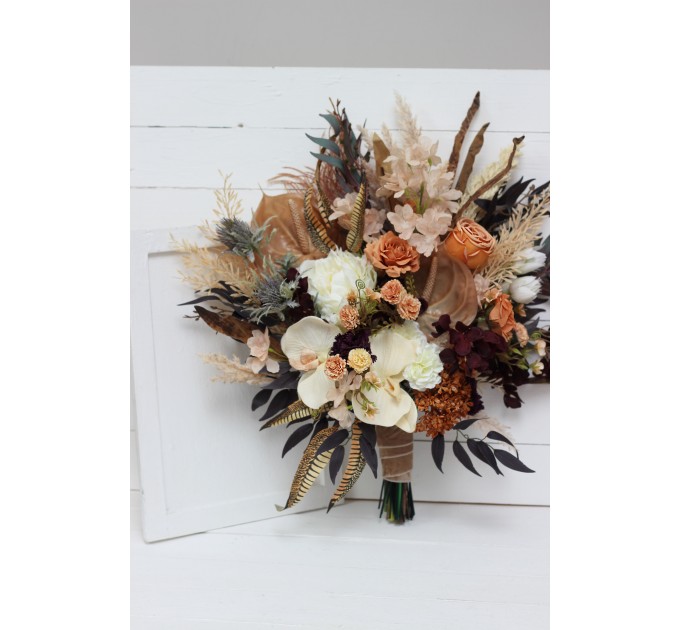 Wedding bouquets in deep purple terracotta beige colors. Bridal bouquet. Faux bouquet. Bridesmaid bouquet. 5095
