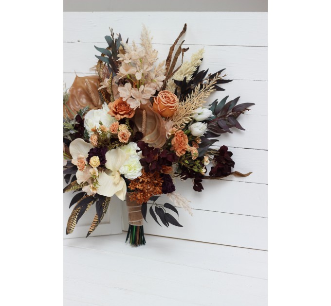 Wedding bouquets in deep purple terracotta beige colors. Bridal bouquet. Faux bouquet. Bridesmaid bouquet. 5095