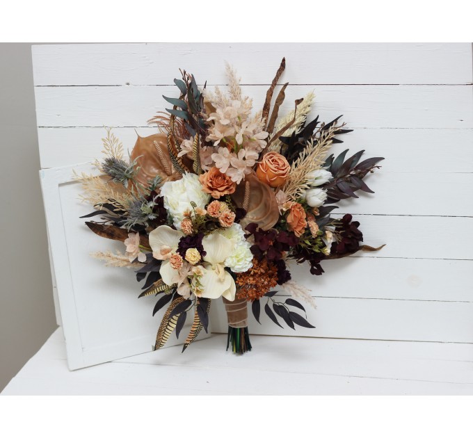 Wedding bouquets in deep purple terracotta beige colors. Bridal bouquet. Faux bouquet. Bridesmaid bouquet. 5095