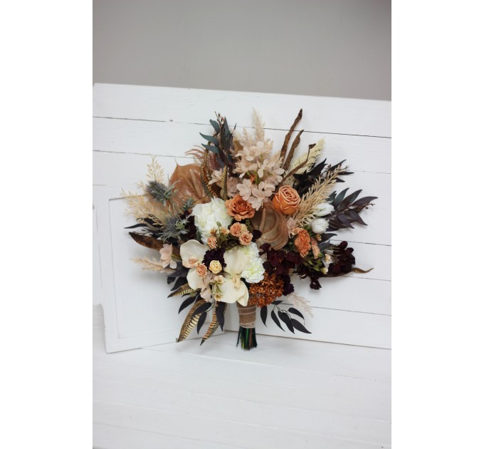 Wedding bouquets in deep purple terracotta beige colors. Bridal bouquet. Faux bouquet. Bridesmaid bouquet. 5095