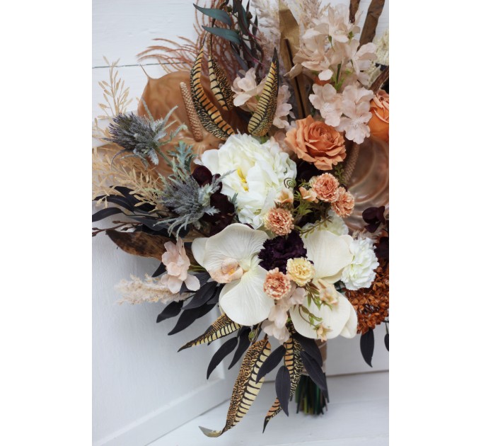 Wedding bouquets in deep purple terracotta beige colors. Bridal bouquet. Faux bouquet. Bridesmaid bouquet. 5095