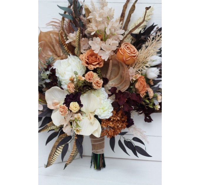 Wedding bouquets in deep purple terracotta beige colors. Bridal bouquet. Faux bouquet. Bridesmaid bouquet. 5095