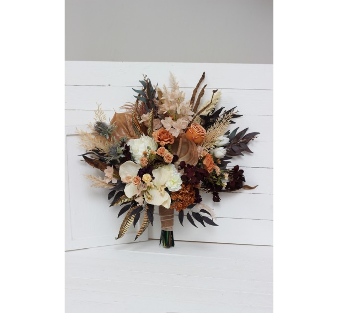 Wedding bouquets in deep purple terracotta beige colors. Bridal bouquet. Faux bouquet. Bridesmaid bouquet. 5095