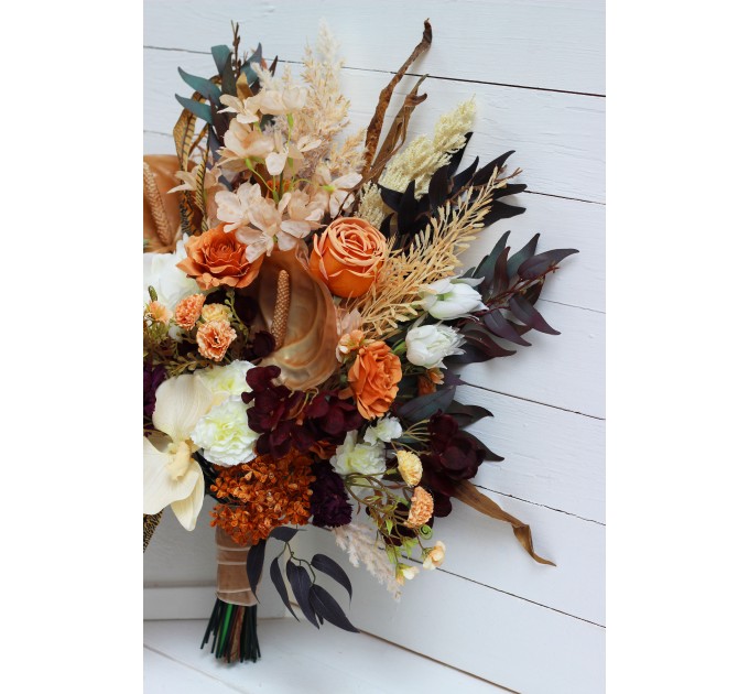 Wedding bouquets in deep purple terracotta beige colors. Bridal bouquet. Faux bouquet. Bridesmaid bouquet. 5095