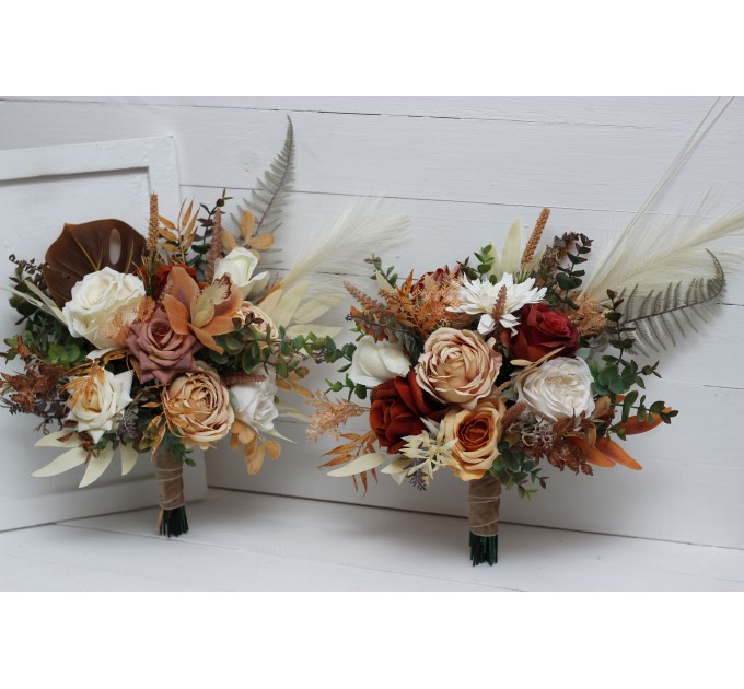 Wedding bouquets in orange ivory rust terracotta colors. Bridal bouquet. Faux bouquet. Bridesmaid bouquet. 0036