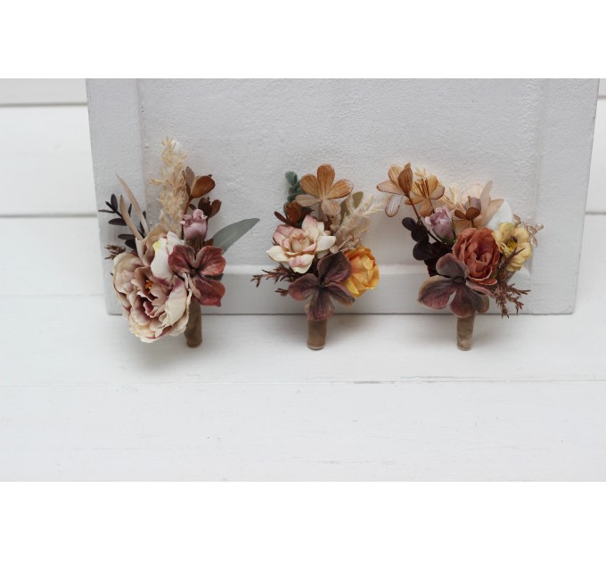  Wedding boutonnieres and wrist corsage  in cinnamon ivory pale orange color scheme. Flower accessories. 5093