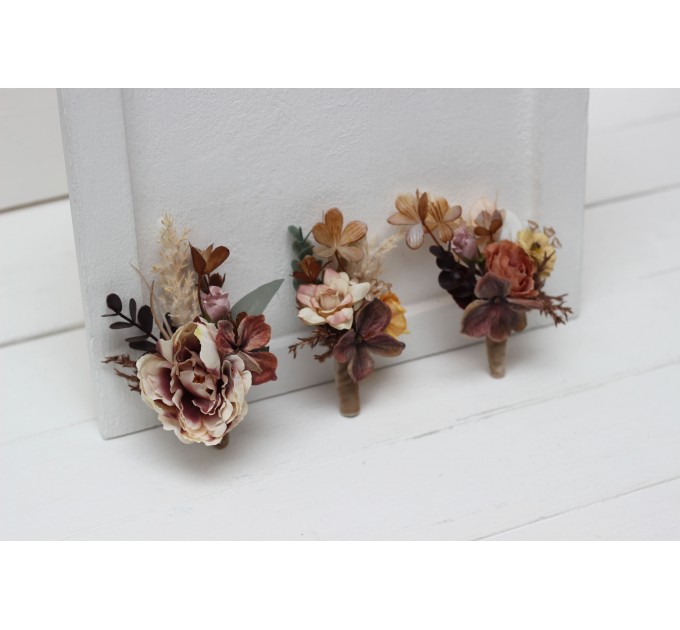  Wedding boutonnieres and wrist corsage  in cinnamon ivory pale orange color scheme. Flower accessories. 5093