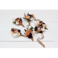  Wedding boutonnieres and wrist corsage  in deep purple terracotta beige color scheme. Flower accessories. 5095