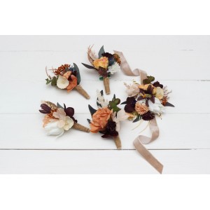  Wedding boutonnieres and wrist corsage  in deep purple terracotta beige color scheme. Flower accessories. 5095
