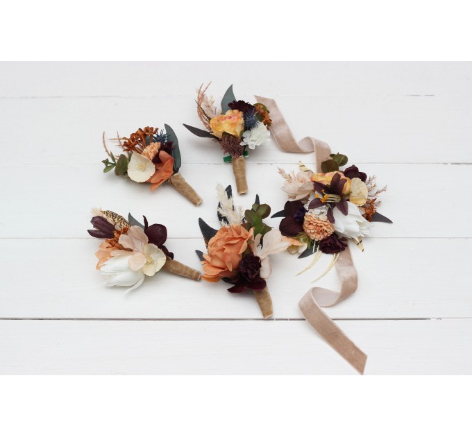  Wedding boutonnieres and wrist corsage  in deep purple terracotta beige color scheme. Flower accessories. 5095