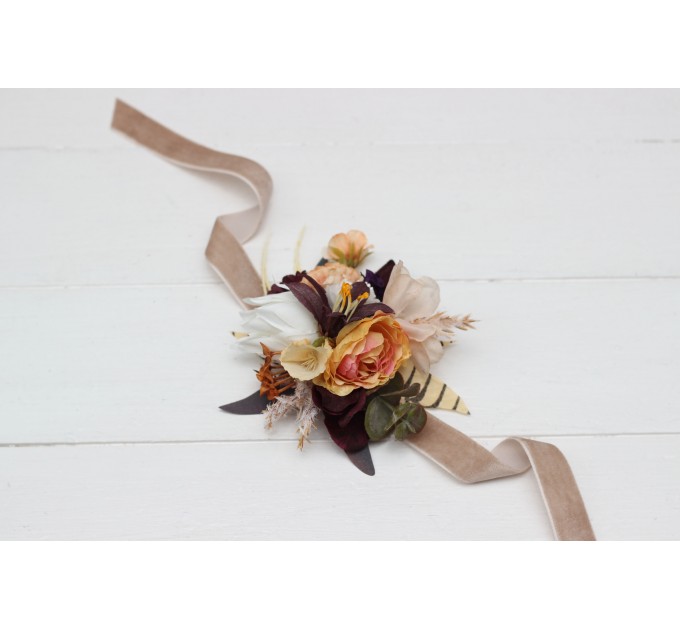  Wedding boutonnieres and wrist corsage  in deep purple terracotta beige color scheme. Flower accessories. 5095