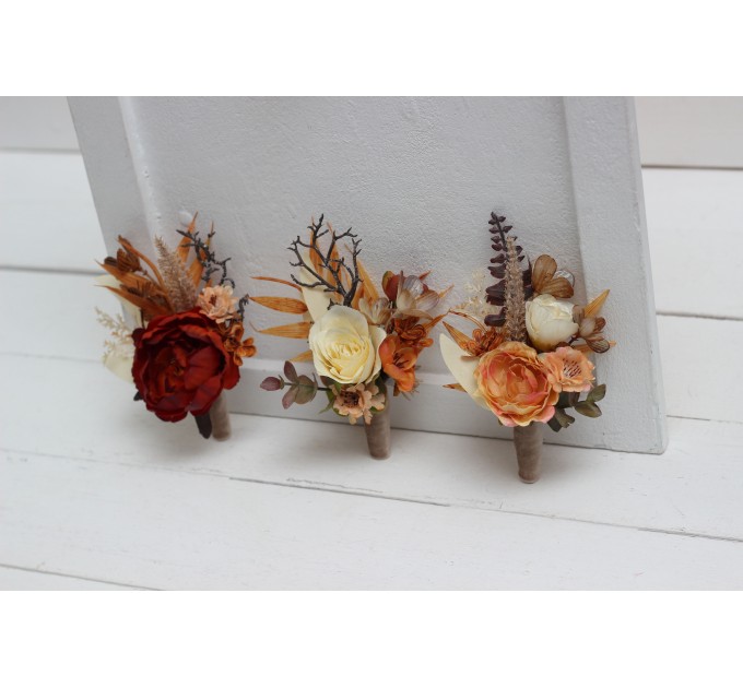 Wedding Boutonnieres & Wrist Corsage in Orange, Ivory, Rust & Terracotta | Faux Flower Accessories