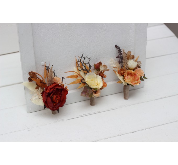Wedding Boutonnieres & Wrist Corsage in Orange, Ivory, Rust & Terracotta | Faux Flower Accessories