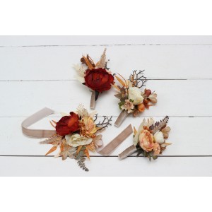 Wedding boutonnieres and wrist corsage  in orange ivory rust terracotta color scheme. Flower accessories. 0036