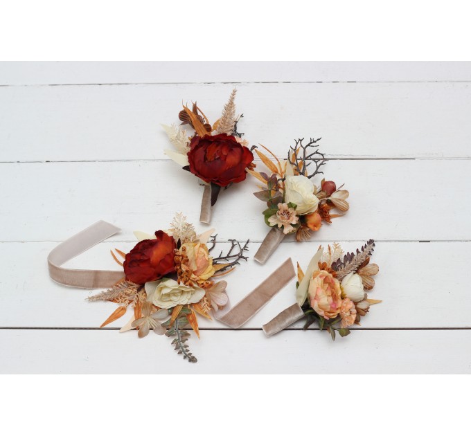 Wedding Boutonnieres & Wrist Corsage in Orange, Ivory, Rust & Terracotta | Faux Flower Accessories
