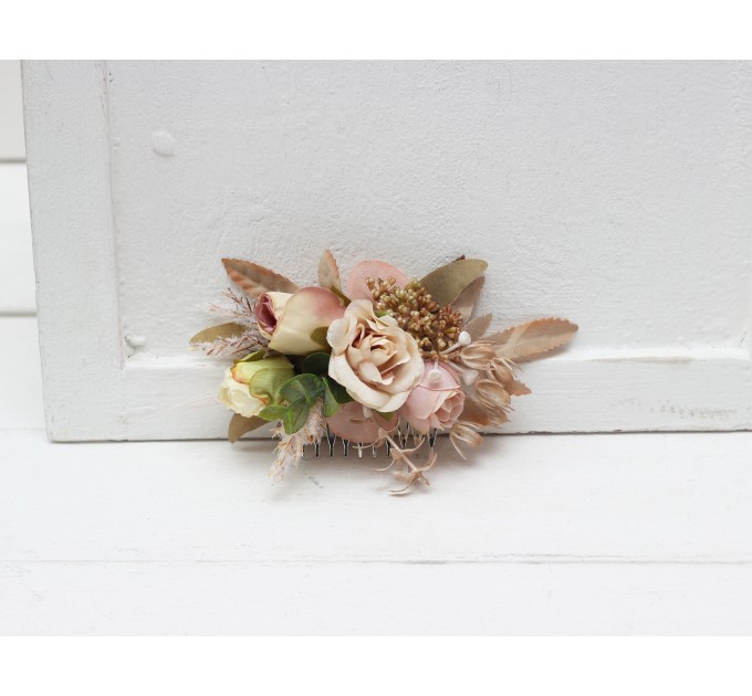 Flower comb in dusty rose cinnamon ivory color scheme. Wedding accessories for hair. Bridal flower comb. Bridesmaid floral comb. 5098