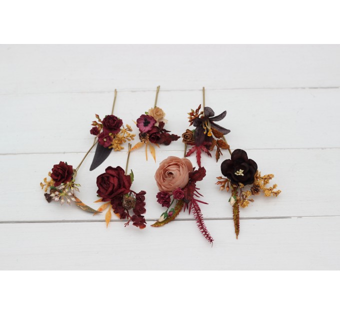  Set of  7 hair pins in purple burgundy beige color scheme. Hair accessories. Flower accessories for wedding.  5096