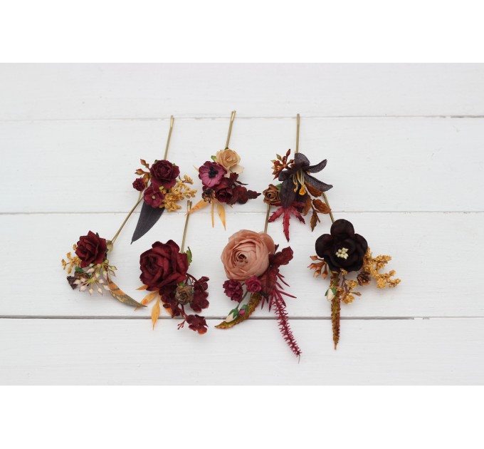  Set of  7 hair pins in purple burgundy beige color scheme. Hair accessories. Flower accessories for wedding.  5096
