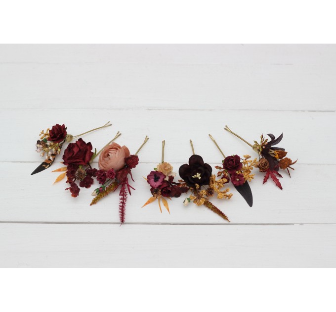  Set of  7 hair pins in purple burgundy beige color scheme. Hair accessories. Flower accessories for wedding.  5096