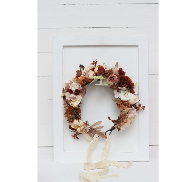 Terracotta brown cream flower crown. Hair wreath. Flower girl crown. Wedding flowers.5100